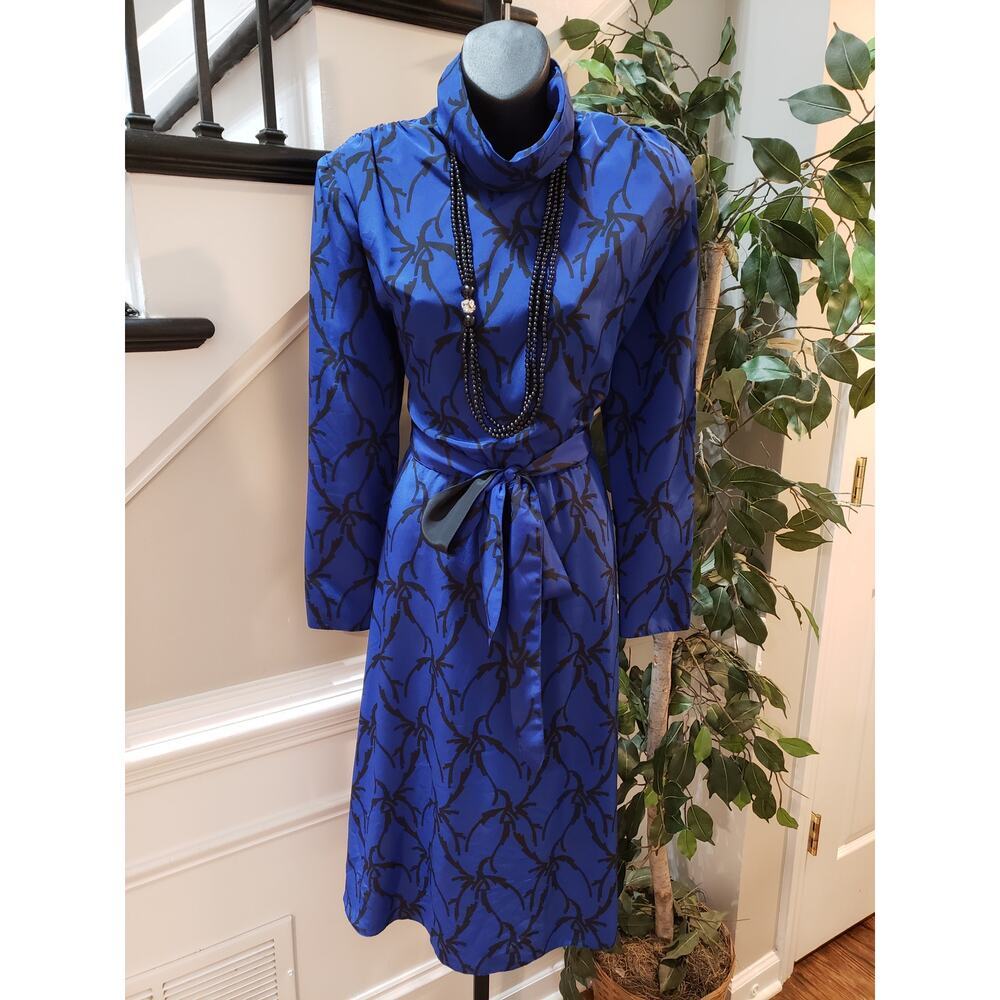 Vintage Caron Chicago Sheath Dress S Blue Patterned Cowl Neck Tie Waist Back Zip